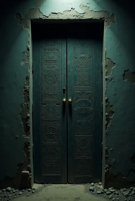 A cursed-looking, sealed door with mysterious carvings and warnings in malayalam