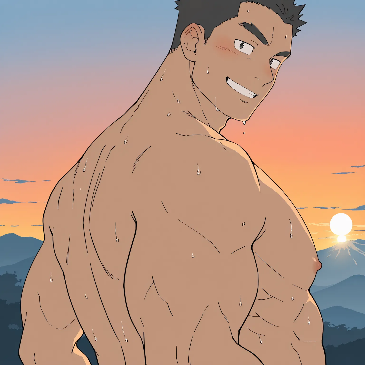 bara, flat color, ukiyo e, (masterpiece, best quality, amazing quality), (close-up face), (1 boy, solo), (PokemonWake), muscular male bodybuilder is looking back, smiling, sweaty, erected nipples, sunrise,