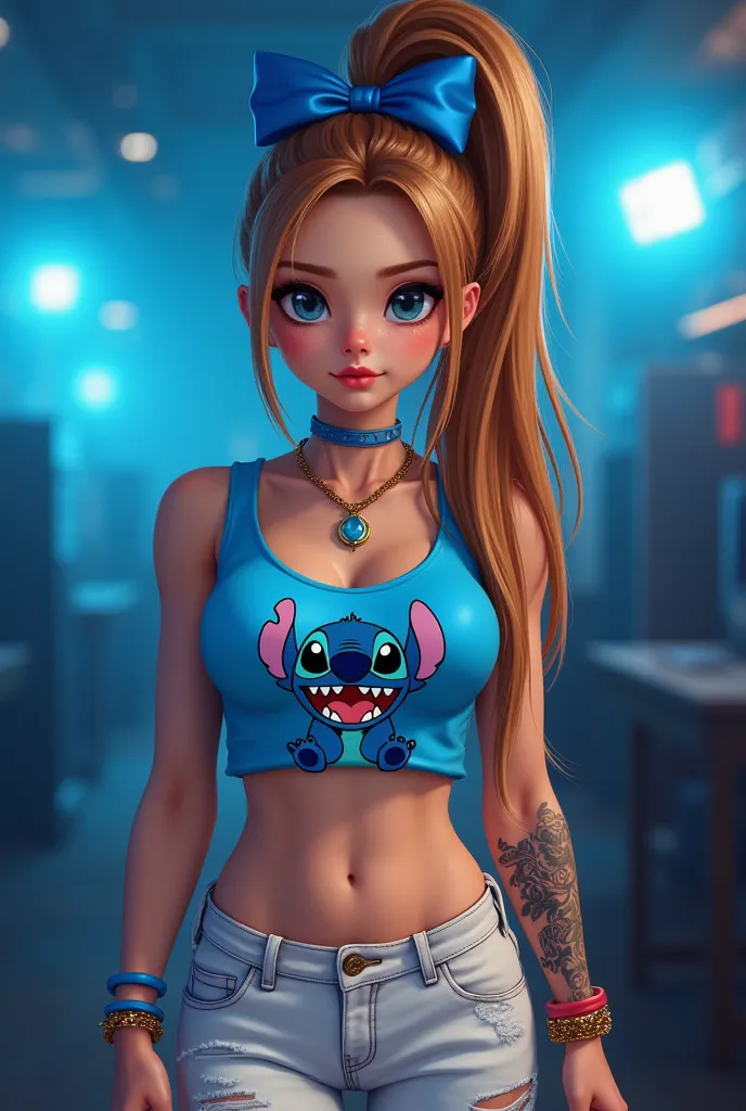 stickers Real girl in front view front long straight hair high ponytail hairstyle with a big blue bow . Long nails decorated with Stitch.34-year-old. busty . light brown leather. She wears a blue belly button shirt with a sleeveless neckline with a logo on...