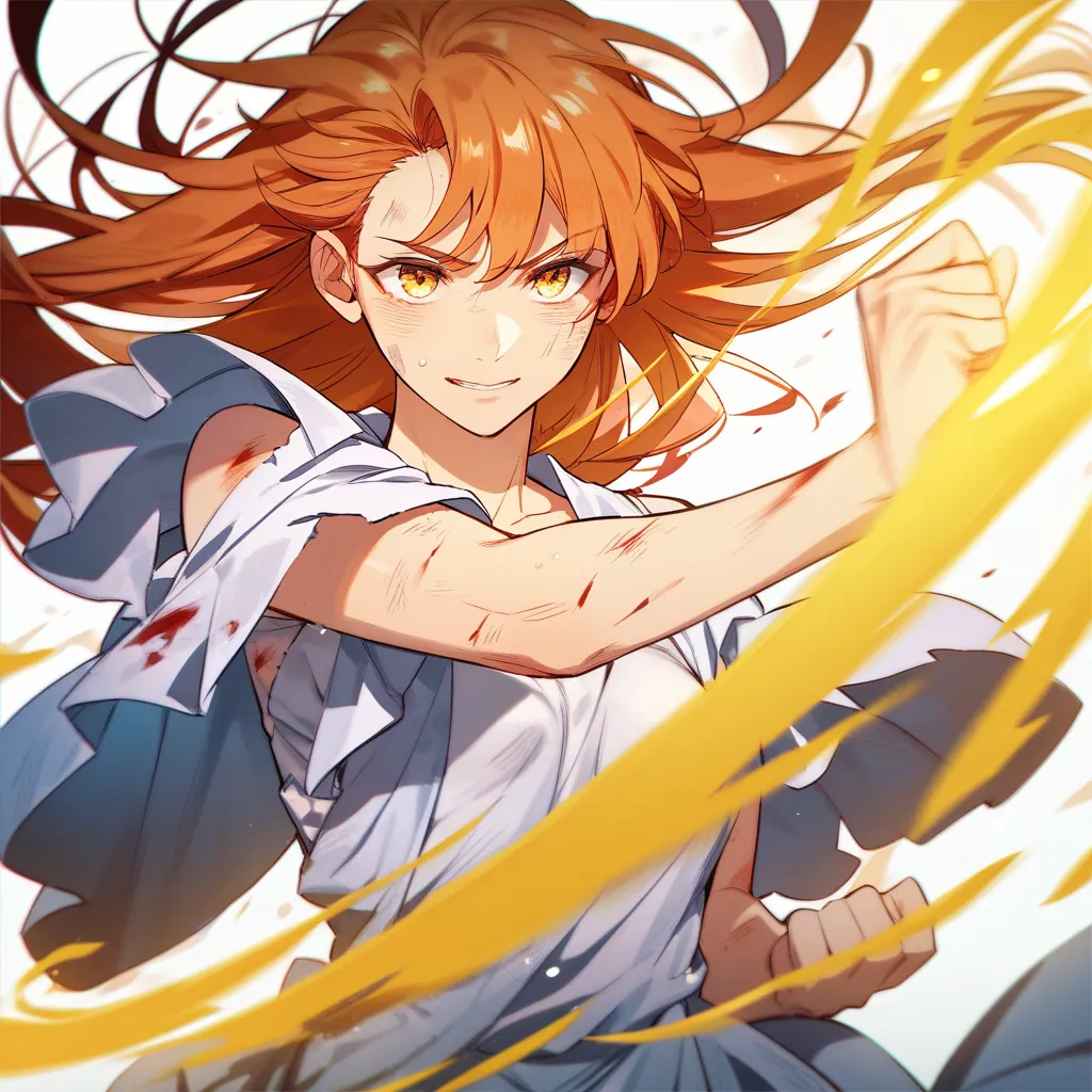 1girl, cute, pretty, orange hair, long hair, bangs, yellow eyes, greek dress, blood in her body, injured, wound, fighting with magic and yellow aura, manhwa