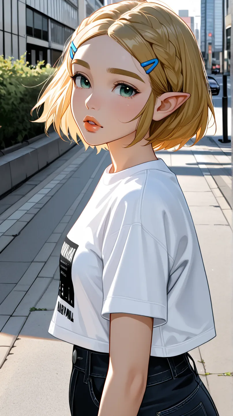 Princess Zelda in the real world, on a sidewalk , Wearing real-world clothes, cropped white t-shirt, natural lips, natural textured lips, short hair, discreet black dot of wart on her face, long blond hair