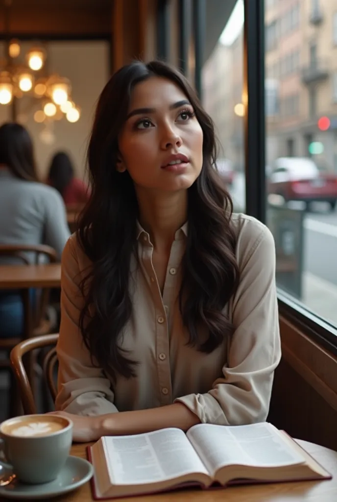 A highly realistic, photorealistic image of a beautiful Hispanic woman in her late 20s, sitting at a cozy city café table. She has long, dark hair styled naturally, and a serene, focused expression that conveys deep reflection and thoughtfulness. She is dr...