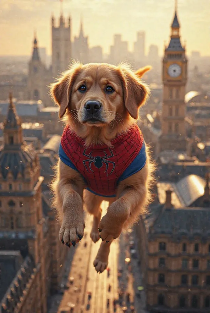 Create a flying dog in the Spiderman costume in the city of London 