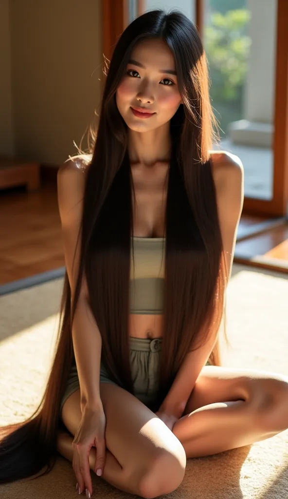 Prompt:
“A hyper-realistic, high-resolution photograph of a beautiful Japanese woman with extremely long, silky dark brown hair flowing onto the floor. She is sitting gracefully on a soft, beige carpet in a modern, minimalist Japanese-style room with woode...