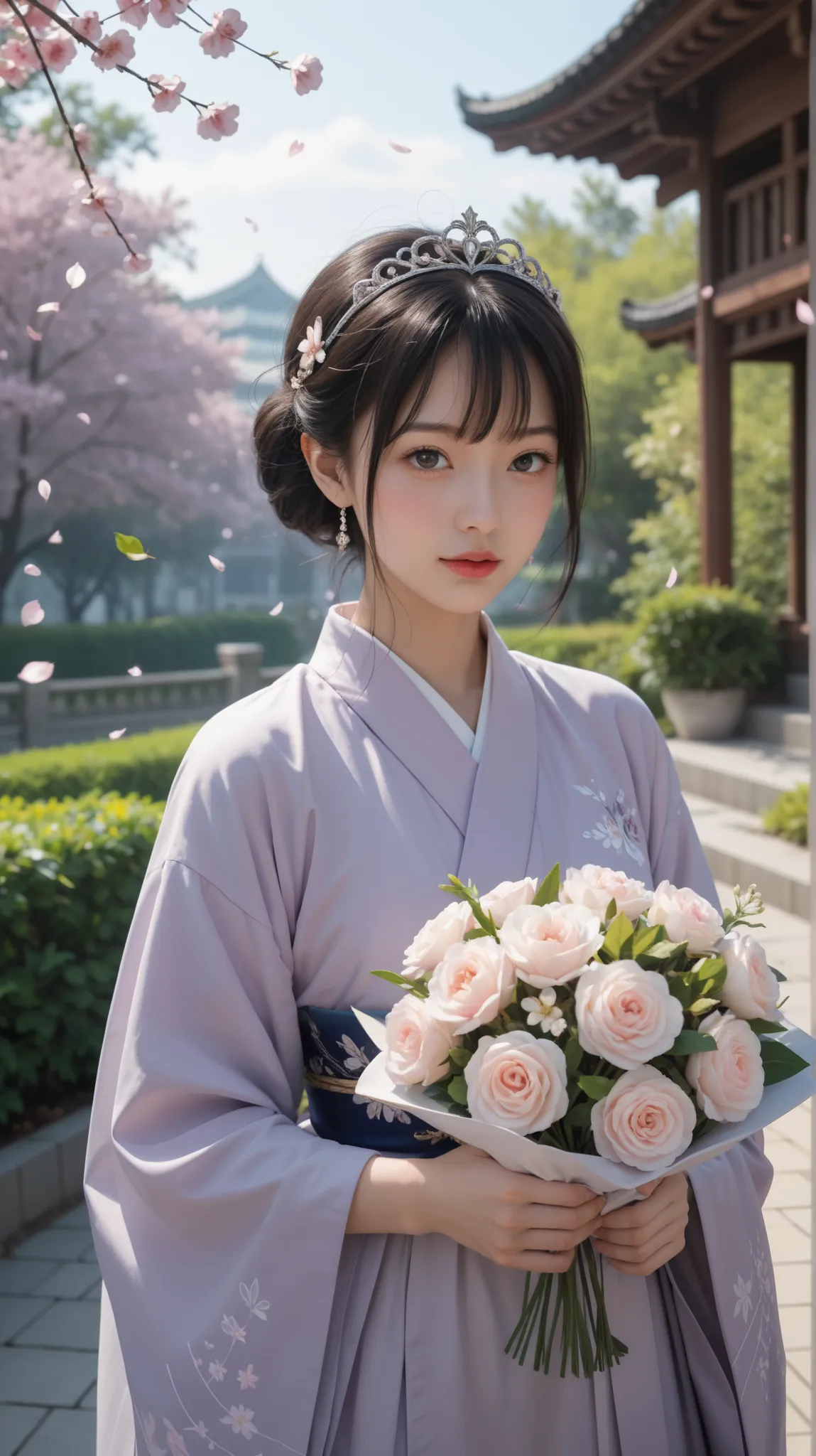 A mystical fortune-telling character designed around the theme of reconciliation and love revival. The character is a young woman with a calm and soothing aura, dressed in an Kimono outfit blending soft pastel colors like lavender, light pink, and light bl...