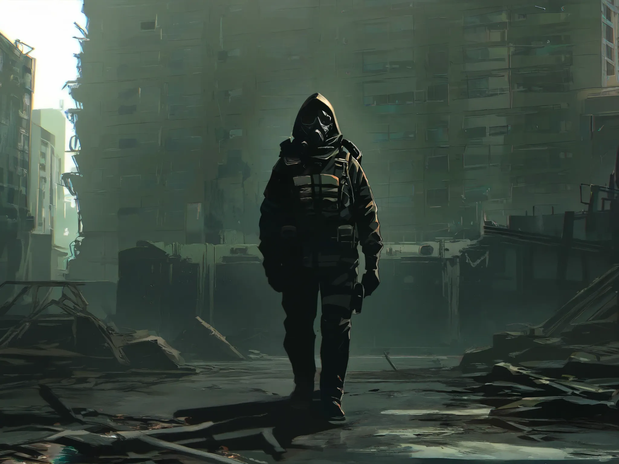 male, gas mask, hood up, hazmat jacket, guns, post apocalyptic, abandoned city background, wide shot, anime style, concept art, 8k, super detail, masterpiece,