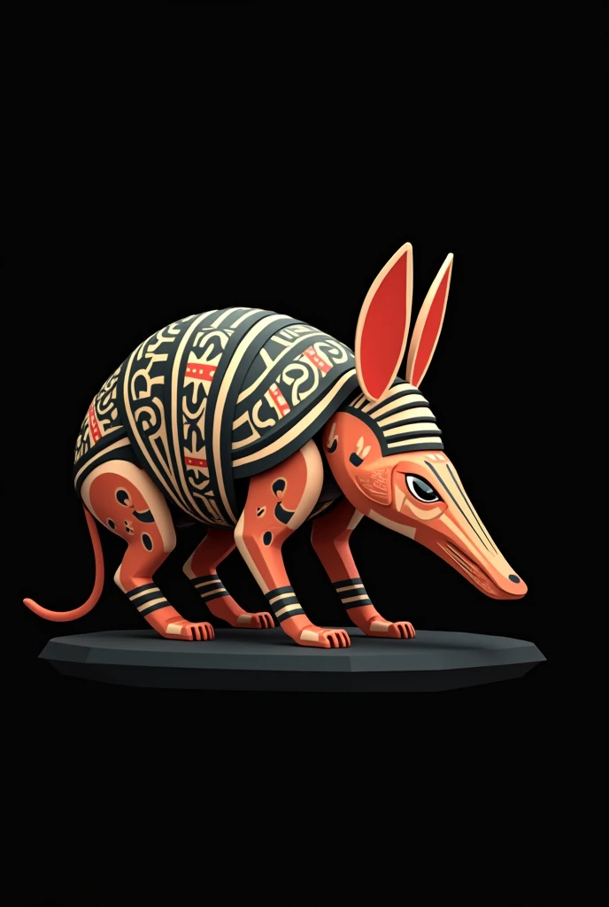 Stylized version with indigenous Guaraní art with geometric lines and decoration. Let the armadillo be on a black background with low poly style