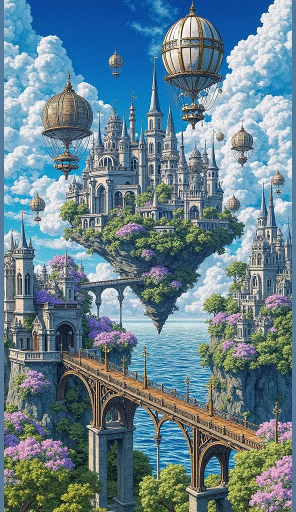 A majestic floating city in a world of steampunk fantasy. The city is suspended in the air over a vast blue ocean, with an island floating covered with lush vegetation and flowers vibrant purple. The city's architecture combines Gothic and Victorian elemen...