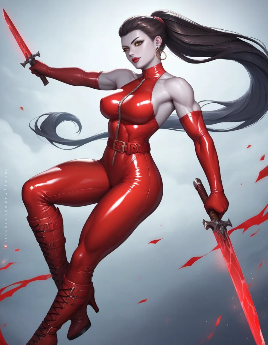 female red sleeveless latex bodysuit, red belt, red long tight pants, red high heel boots, racerback, bare shoulders, long elbow gloves, red gloves, toned arms, beautiful faces, black ponytail with showing forehead, long ponytail, earrings, soft smooth ski...