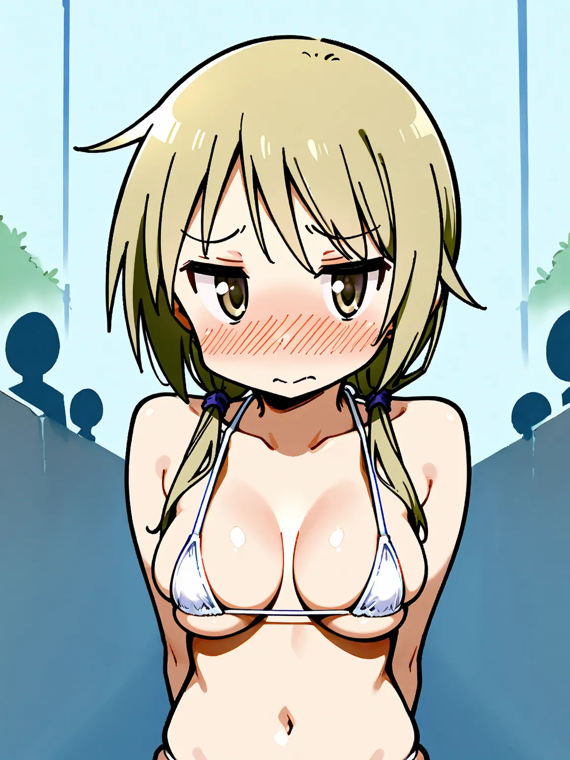 nsfw, one girl, Yuyushiki, Ichii yui , white ultra micro bikini, undersized clothes, embarrassed, Public bath