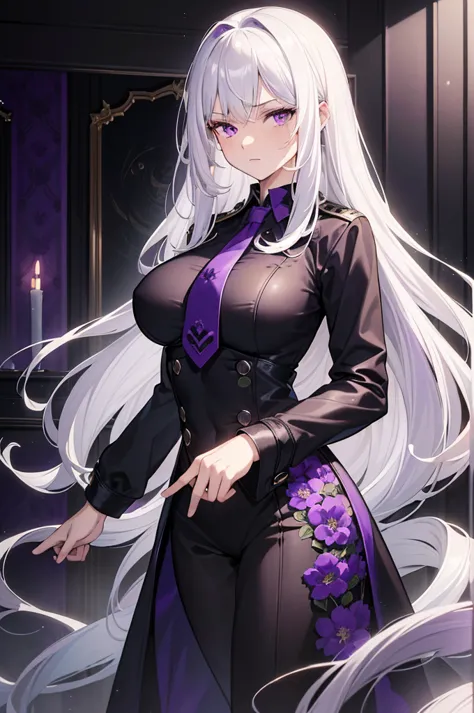 (Best Quality:1.3), (masterpiece:1.3), (illustration:1.3), ( ultra-fine in 8K:1.3), ( Medium Scenes :0.9),  1girl , alone, (( long hair, white hair, purple eyes,  grey coat, large breasts,  Purple Tie , Purple Flower Pattern,)) Serious Emotions, [high,  ma...