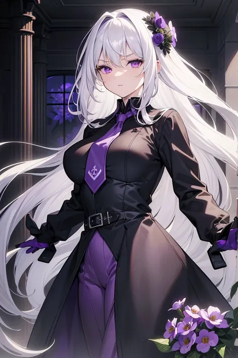 (Best Quality:1.3), (masterpiece:1.3), (illustration:1.3), ( ultra-fine in 8K:1.3), ( Medium Scenes :0.9),  1girl , alone, (( long hair, white hair, purple eyes,  grey coat, large breasts,  Purple Tie , Purple Flower Pattern,)) Serious Emotions, [high,  ma...