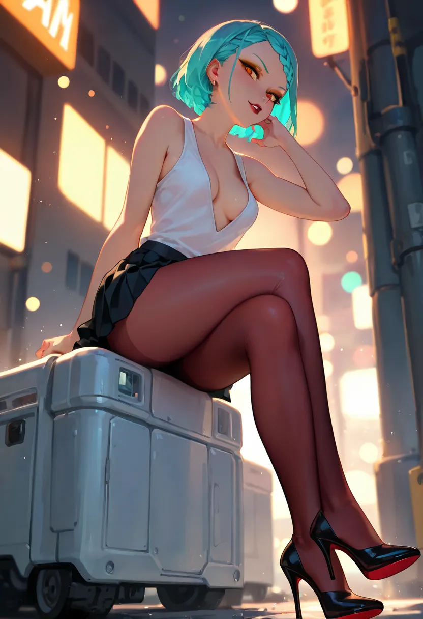 1girl, solo, aqua hair, short hair, braided bangs (hairstyle), calm, BREAK, (orange eyes:1.6), detailed_eyes, naughty_face, BREAK, medium breasts, BREAK, (red lipstick), (golden eyeshadow), BREAK, white_tanktop, plunging_neckline, pleated_skirt, red_pantyh...