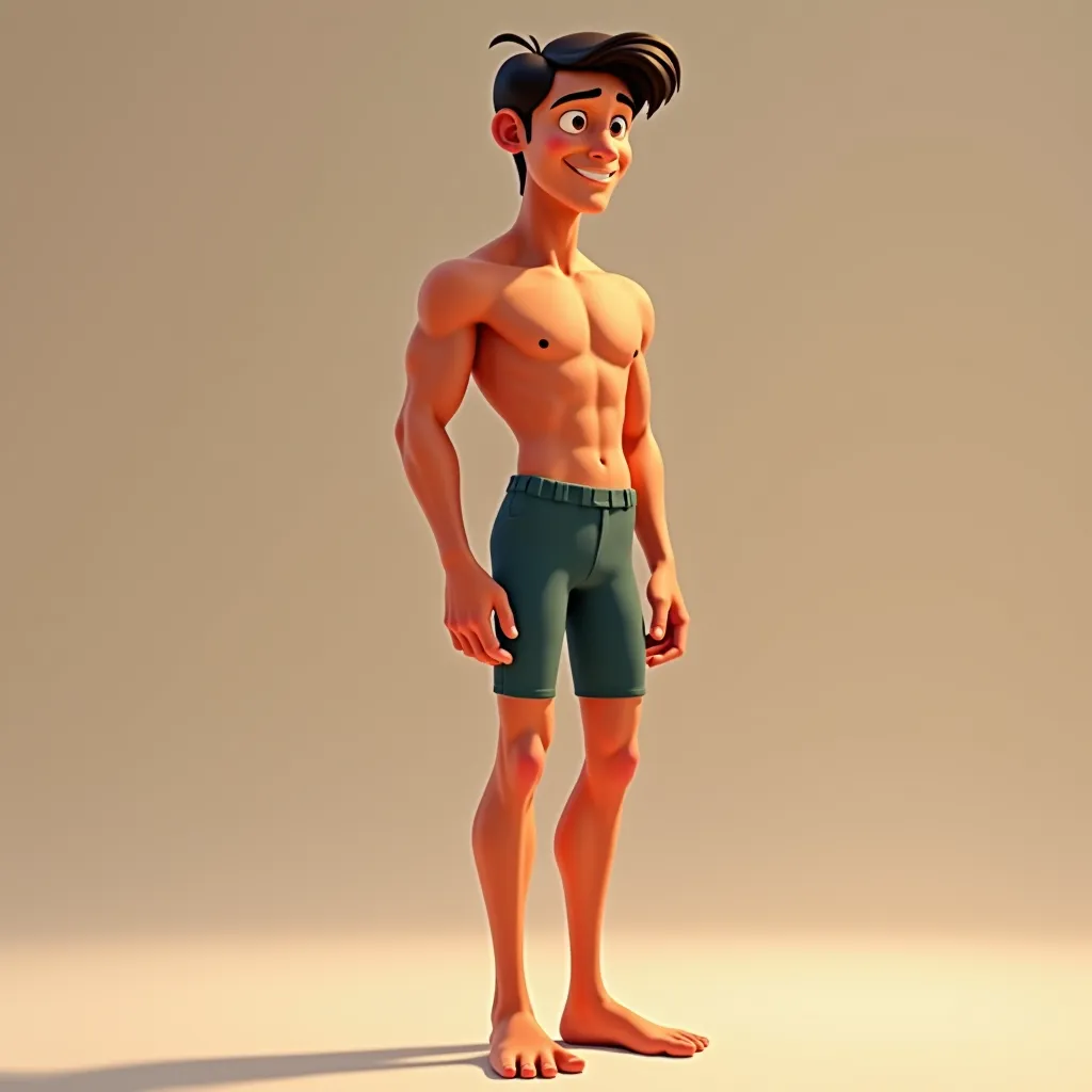 Shirtless and barefoot Adult Flynn Rider from Tabgled cartoon film, Disney, with a lean taut tight physique, slim frame, flat 2D animation style, high detail, high definition, empty bathroom, Lycra running shorts, flirtatious expression, hair matching the ...