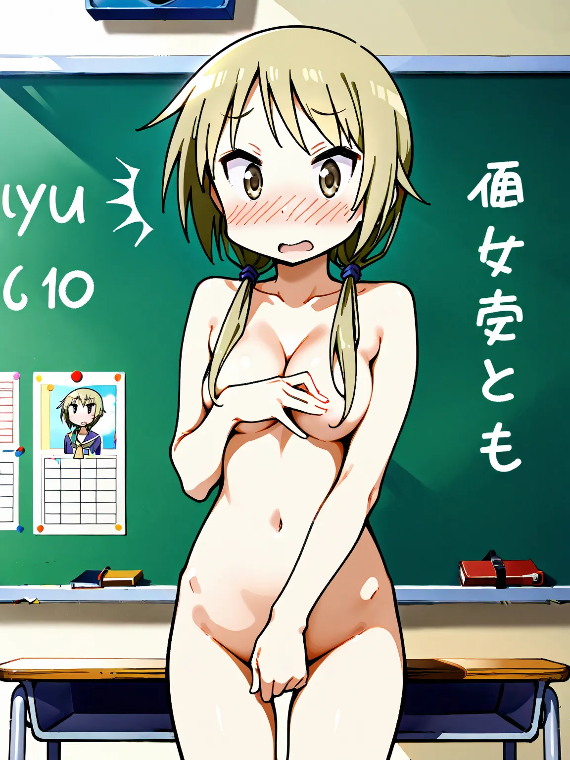 nsfw, one girl, Yuyushiki, Ichii Yui, naked, surprise, embarrassed, covering, school classroom