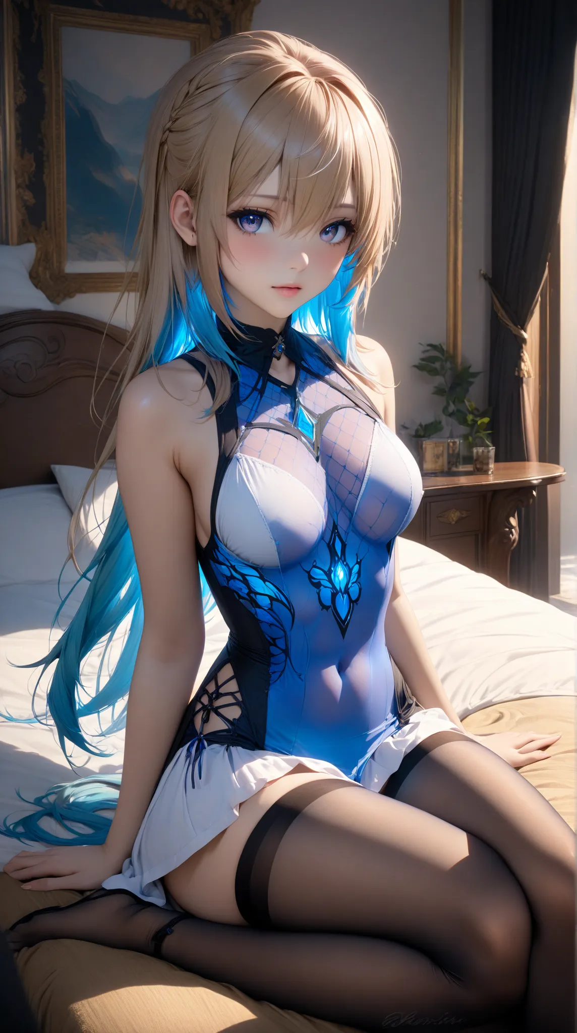 1girl,Aeonis Serah, very long smooth straight vibrant golden hair with inner blue gradient hair, majestic gradient eyes, aesthetic toned body, beautiful perfect face, sitting in a room on bed wearing see through stockings, masterpiece, aesthetic, Super Det...