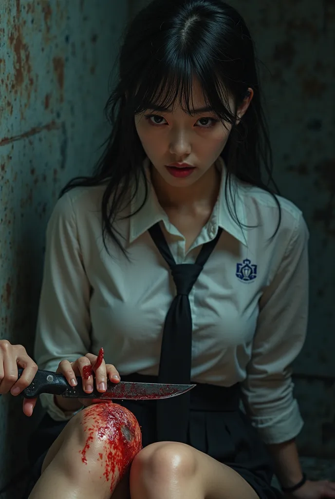 A beautiful Asian woman, nsfw, uniform with tie, micro miniskirt, long boots, suffering expression, shouting, heavy bleeding from her thigh, ((((((with a knife blade impaled in her thigh)))))), ((((a man is cutting her thigh with a knife)))),(best quality,...