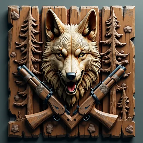 guild coat of arms. wolf's head symbol, shotgun, fir trees, all in brown tones, as if carved in wood. A very medieval, 