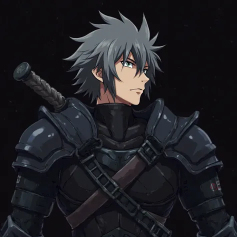 "Goblin Slayer do anime 'Goblin Slayer', in a profile pose for use as a Discord avatar, not anime style. He is wearing his iconic black armor, with dark metallic details and stylized textures. His fur is gray, and he is without a helmet, revealing his face...