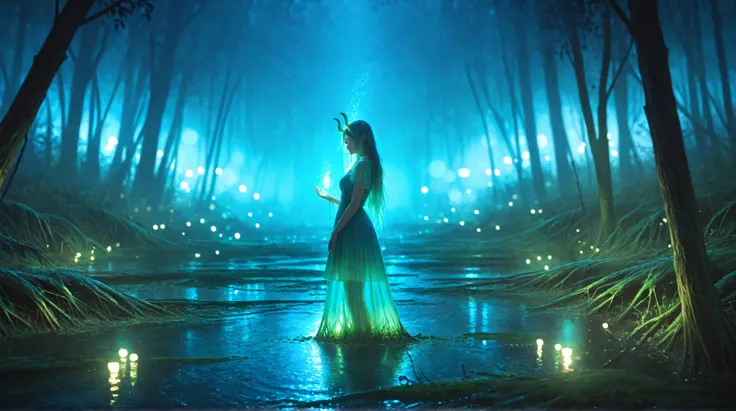 1 female, Living in a horned ,  swamp, Shining Hair, subtle translucent dress, long hair,  blue firefly , blue light particle , magic, Scenery, Realistic, elaborate, 4K, High Resolution,  Masterpiece, Photo Live-action, realistic, Professional level, Vivid...