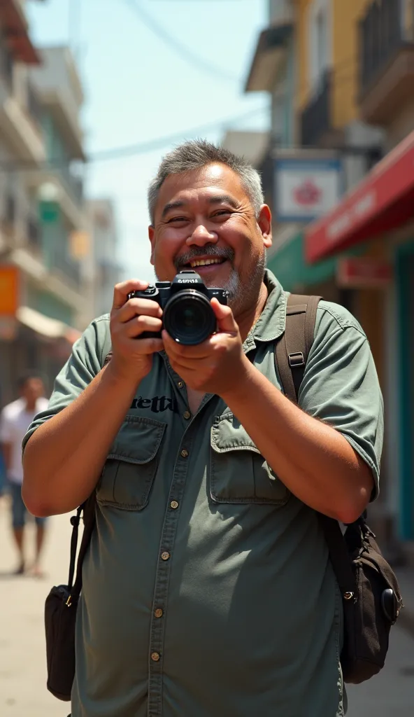 A photographer, chubby, Guerito , short hair, frenton , photograph and video and that you have a Sony camera, and that your shirt says: Romeo.