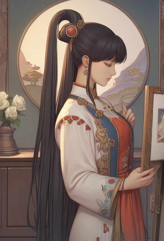 A beautiful woman with a small face and a long neck、Picture of a Woman with Long Hair and a Fan, Korean Art Nouveau Animation, Beautiful and Exquisite Paintings, Jean J., beautiful character drawing, Complex and beautiful painting, Chen Yifei , julianne, ,...