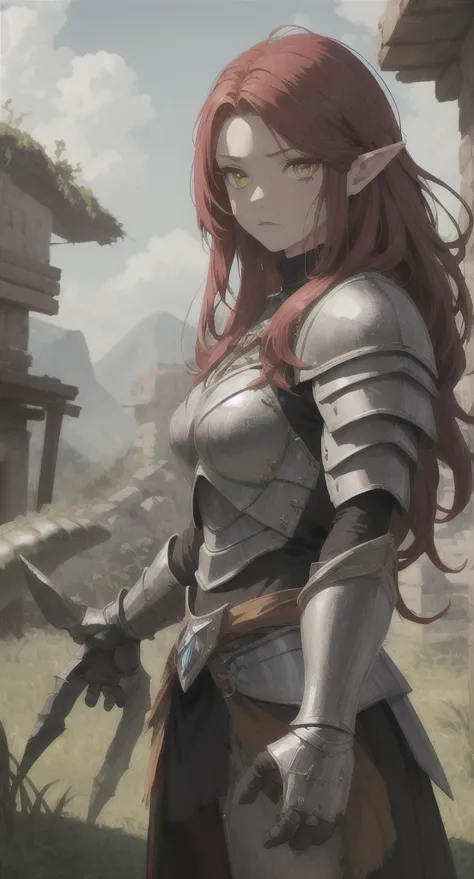 lost era, Prehistoric Hylian, Knight princess, Rionyx, red hair, yellow eyes, looking at viewer, long messy hair, prehistoric kingdom , lore accurate, prehistoric armor, prehistoric City,