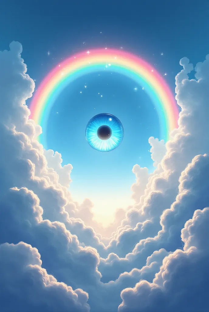 Sky and clouds with round rainbow with an eye inside 