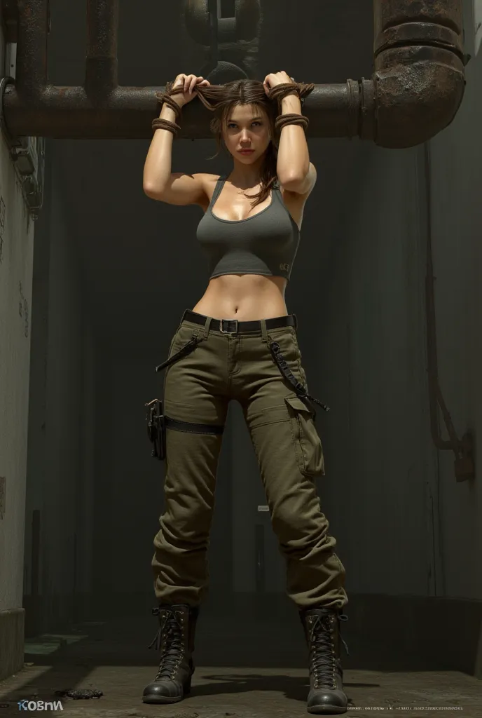 ALEXIS-REN, lara Croft wearing her classic outfit but her hand are tied above her head to a drain pipe