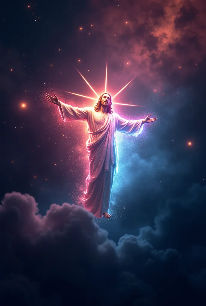 JESUS TRANSLUCENT REALISTIC WIDE VIEW MADE OF A NEBULA IN DARK SPACE, NEBULA WITH VIBRANT COLORS AND PERFECTLY DETAILED JESUS LIGHTING, SEEN FROM AFAR IN DARK SPACE, FLOATING IN SPACE AS SEEN FROM THE MOON