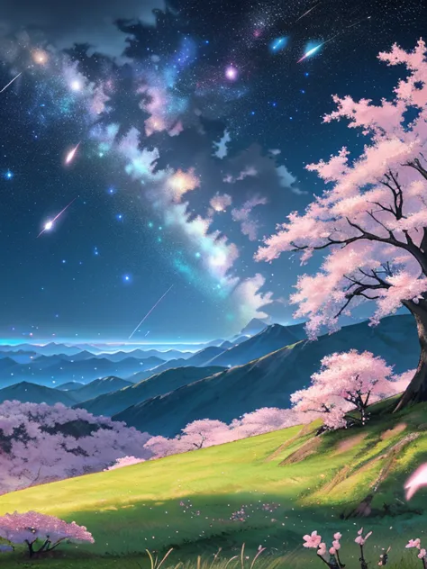 distant scenery,  on wall top , 1 big cherry blossom tree in the middle, Dachang, grassland, Small Flower, Plains,   Stars in the Sky , firefly