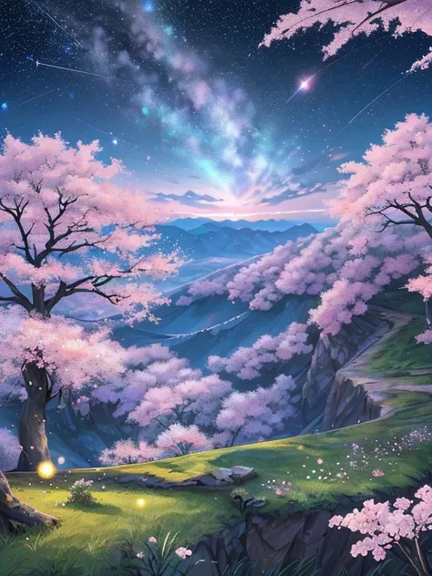 distant scenery,  on wall top , 1 big cherry blossom tree in the middle, Dachang, grassland, Small Flower, Plains,   Stars in the Sky , firefly