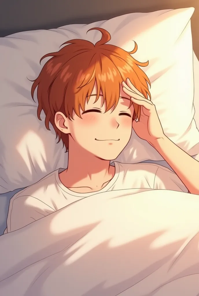 


Create An anime-style illustration of a man lying in bed under a blanket, with tousled soft orange hair and sleepy dark brown anime eyes. With a soft smile He is half-covered by a white blanket, resting his head on one arm while rubbing his eye with the...