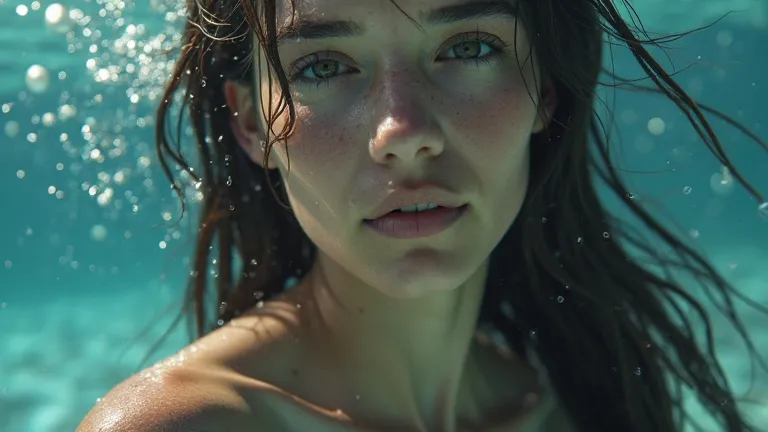 Ultra-realistic 8K cinematic close-up of a mermaid’s sharp, well-defined jawline as she tilts her head slightly upward, exuding quiet strength and confidence. Her wet, glistening skin catches the soft, dappled sunlight filtering through the crystal-clear o...