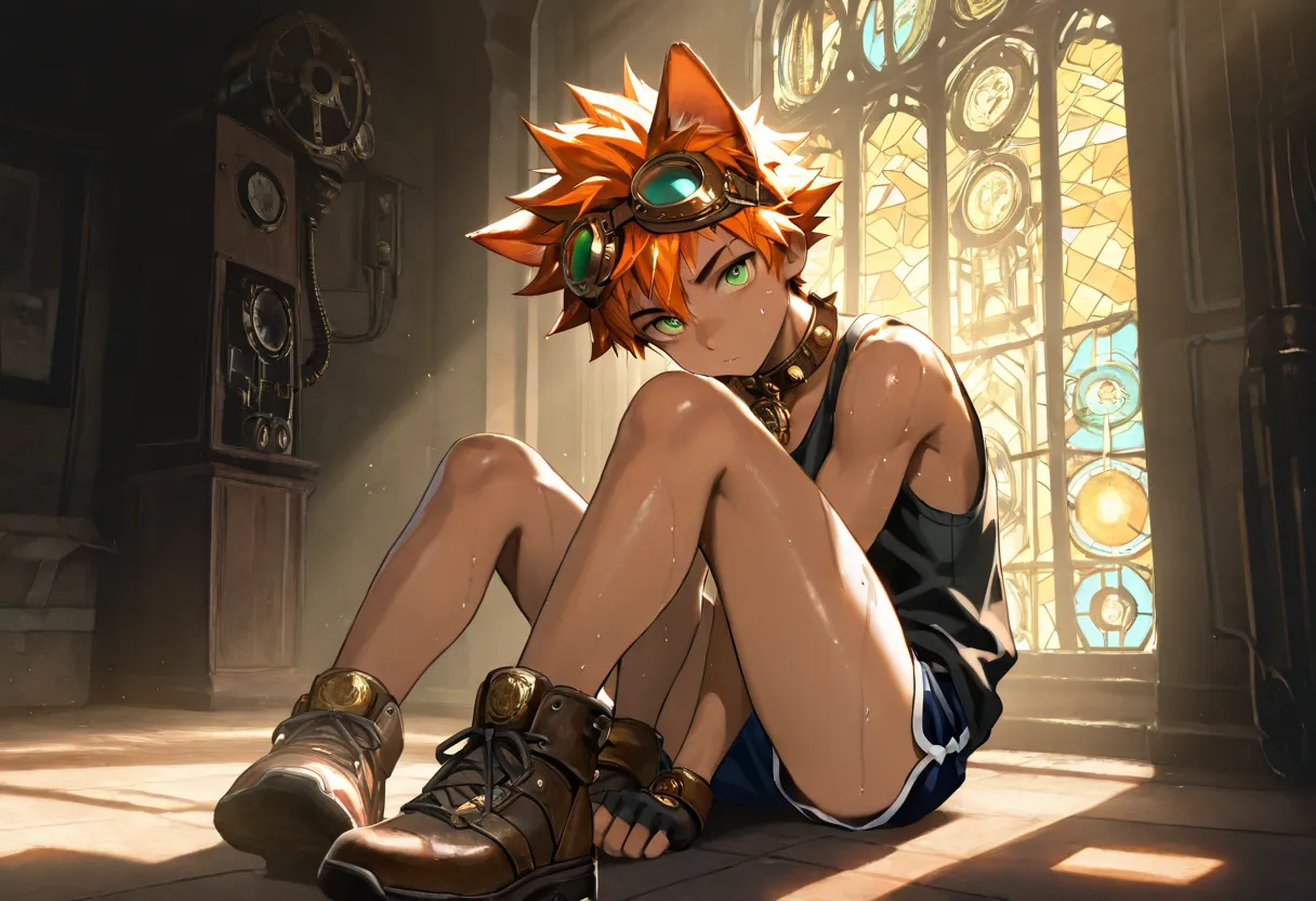 1boy, young male, brown skin, cat ears, sweat, dolphin shorts, tank top, fingerless grove, shoes, goggles on head, collar, sunshine, short hair, spiked hair, orange hair, green eyes, cinematic lighting, masterpiece, best quality, looking at viewer, wind, h...