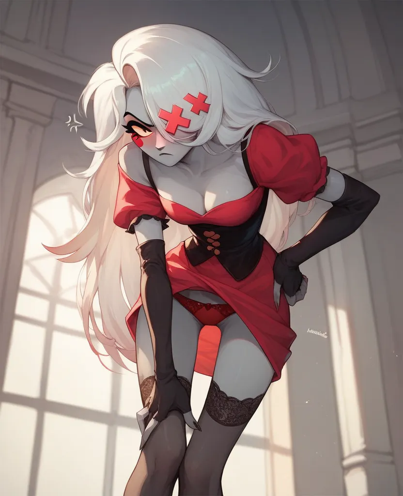 Vaggie from the cartoon Hazbin Hotel, White hair, long hair, gray skin, hair over one eye, hair ornament, red ribbon for hair, red shirt, elbow gloves, , fingerless gloves, black miniskirt, high stockings, black lace briefs, blushing, In a Mansion, annoyed...