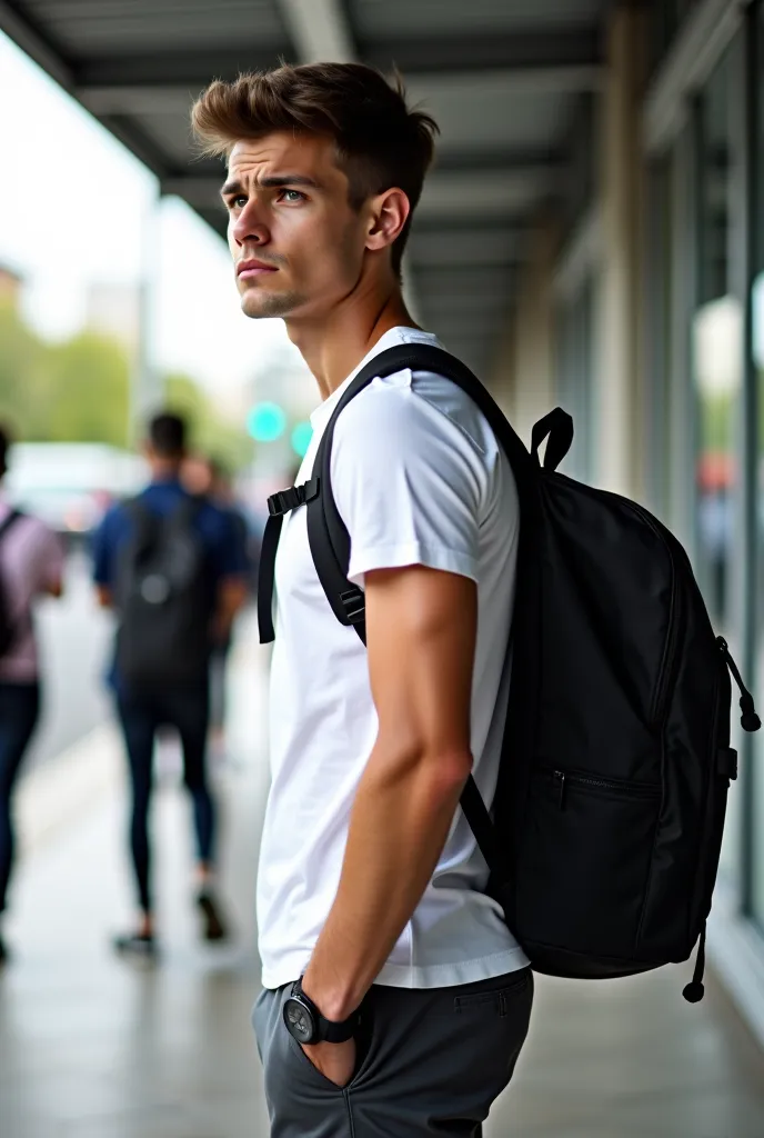    a young man with an athletic build   ,   , wearing a white short-sleeved dress shirt  ,   , dark gray pants and a backpack on my back waiting for the bus..   light dark brown hair    .  Male male   . looking tired and stressed   . cold look.    distract...