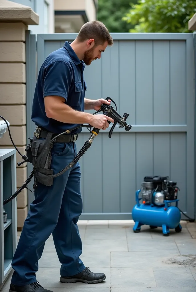 Create an advertisement for gate paintings where the company name is : Jackson painting gates.
With a uniformed gray painter and with a paint spray gun and compressor on the floor 