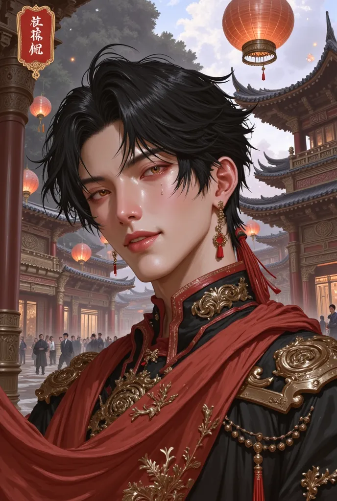 (masterpiece), (best quality), 1man, solo, male, middle part hair, black hair, dreamy eyes, smiles, (strong, well-defined, chiseled jawline), (prominent, slightly pointed chin), muscular, ancient Chinese, ancient student, ancient uniform, arrogant, confide...