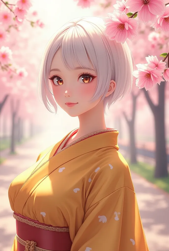 white shorthair woman　背景はbeautifulな桜　golden kimono　beautiful　Detailed　 clear　D Cup　smile　Anime and 3D spring-like　　　