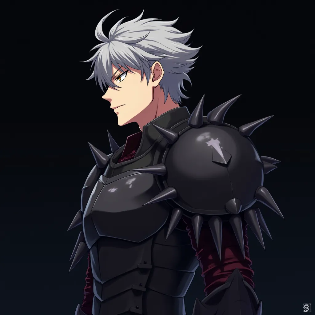   "Goblin Slayer do anime 'Goblin Slayer', in a profile pose for use as a Discord avatar, not anime style. He is wearing his iconic black armor, with dark metallic details and stylized textures. The hair that is attached to the armor, similar to a coat, th...