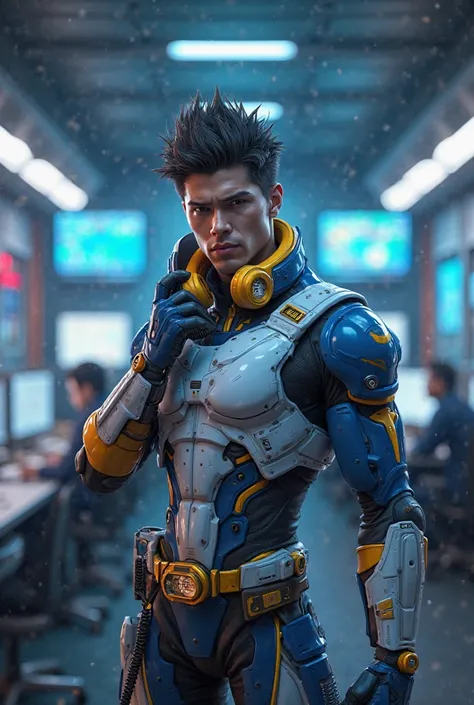 Claro! Aqui está o prompt traduzido e ajustado em inglês:

---

**Prompt:**  
"Ultra-realistic 3D rendering in 4K resolution, vertical format 9:16, of a futuristic warrior with spiky hair and stylized armor in blue, white, and gold. He is standing in a hig...