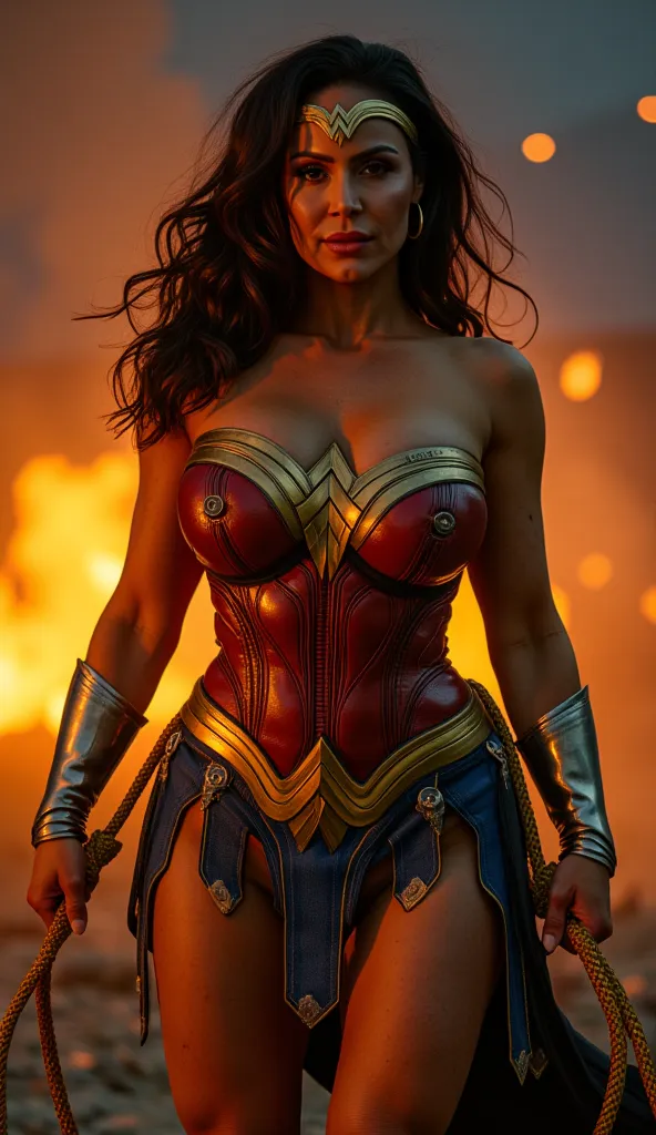  Voloptous model milf,big round ,curvy hourglass body,brunette curly wavy hair,((Wearing strapless super detailed DCEU wonderwoman comic cosplay dress exposing cleavage)),having wonderwoman golden lasso holding in her hand ready for action,flames and light...