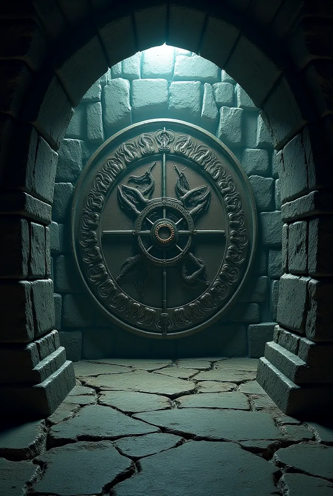 A dark underground passage with a heavily locked ancient vault door covered in serpent carvings.