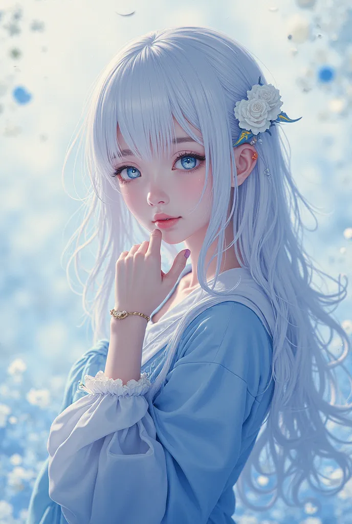  beautiful girl.  white hair . Błękitne oczy, blue outfit. White Rose Bracelet, loving, student. sweet, anime