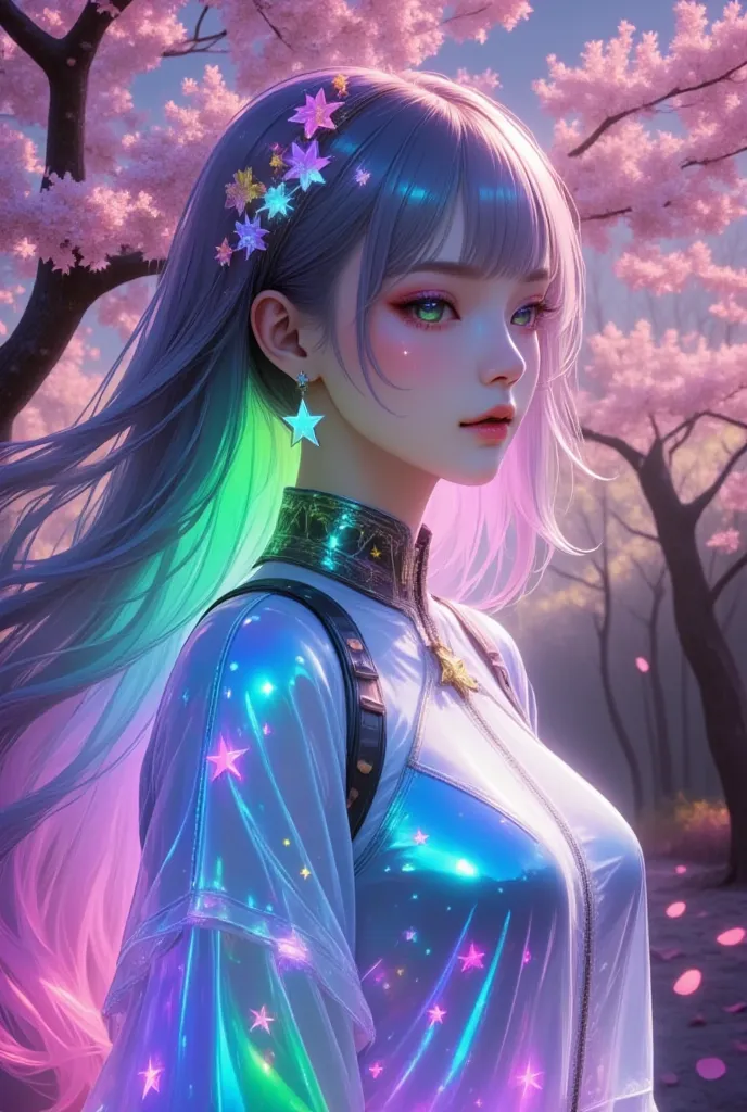 A serene, ethereal portrait of a young, light-skinned female elf.  The subject, depicted in profile view, features long, flowing,  pastel-blue-grey hair, adorned with a golden crown embellished with delicate pink and white blossoms.  Her skin is a deep, ri...