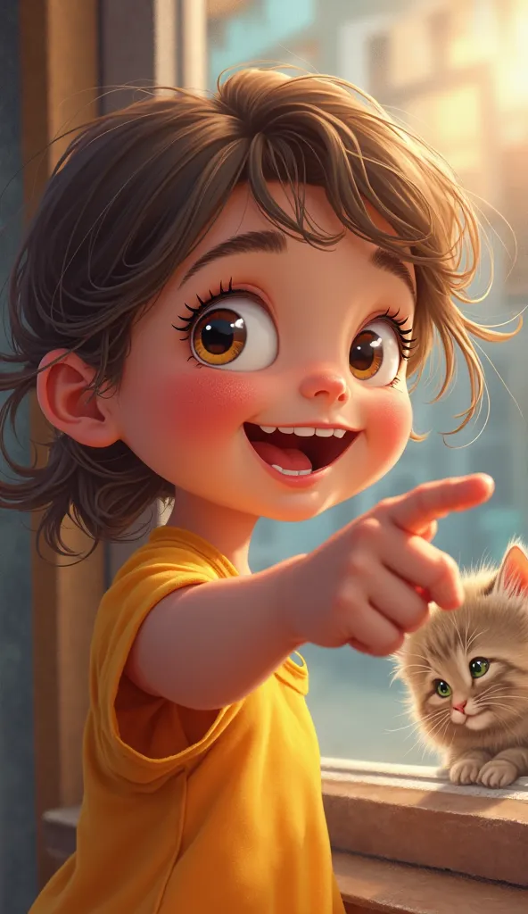 A semi-realistic, detailed close-up of a young girl, around 7 or , standing in front of the pet store window, pointing enthusiastically at the kittens inside. Her bright eyes are wide with excitement, and her face is lit up with joy and wonder. A beaming s...