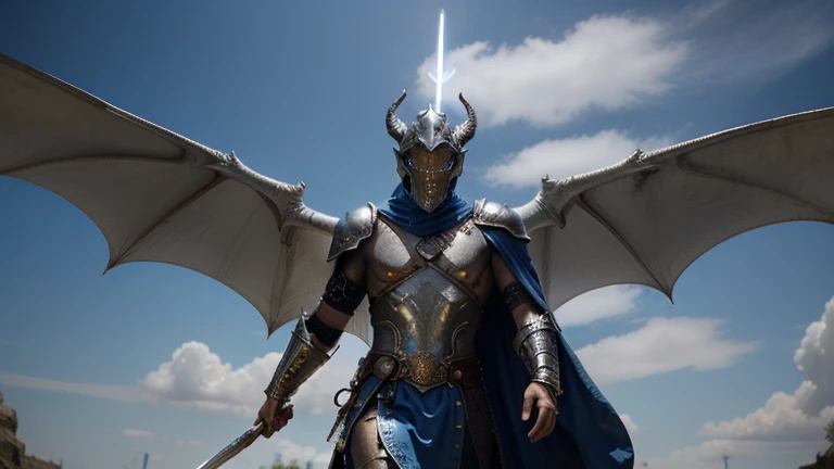 "A realistic towering warrior clad in gleaming silver and blue dragon-scale armor, his cape billowing in the wind. His helmet is adorned with dragon horns, and in his hand, he wields an ancient, rune-engraved greatsword. His piercing eyes glow with mystica...