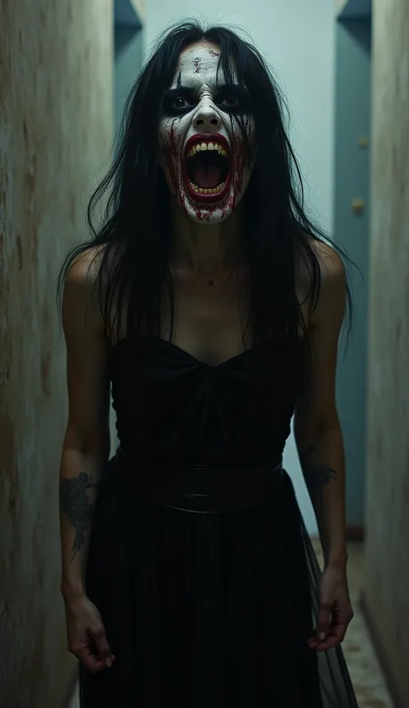 a young middle age girl wearing very dirty black gown, with long black hair, With a black horror ugly face with white paint and fangs, she comes towards the camera very quickly and closely... screaming and splatting blood, shaking her head,