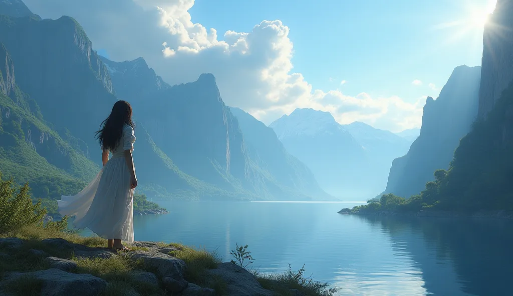 masterpiece, 最high quality, high quality, Very detailed CG Unity 8k wallpaper, landscape, Outdoor, null, cloud, null, Lonely Girl, Mountain, landscape, water, wood, blue null,  waterfall , cliff, nature, lake, river , cloudy skies, Award-winning photograph...